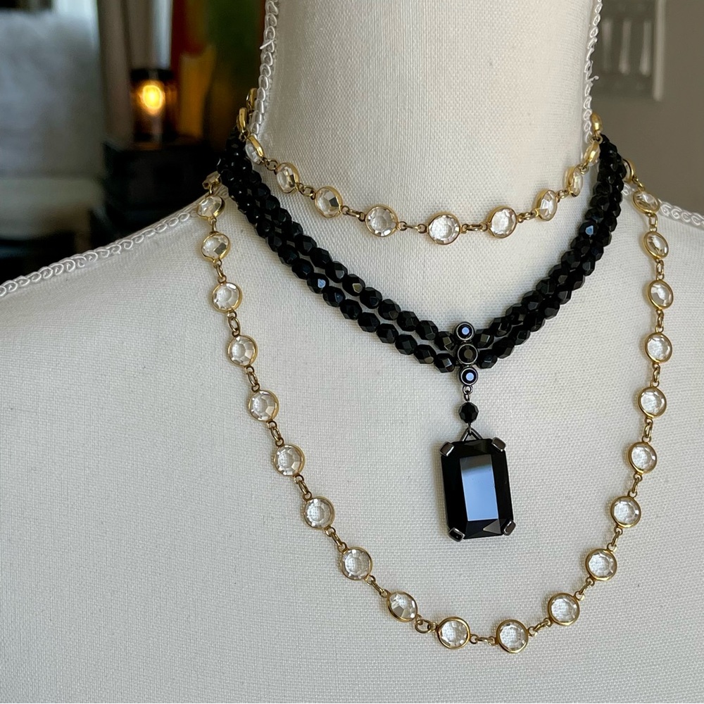 VINTAGE |CAROLEE Jet Black Beaded Choker & Austrian Crystal Bezel Necklace Lot